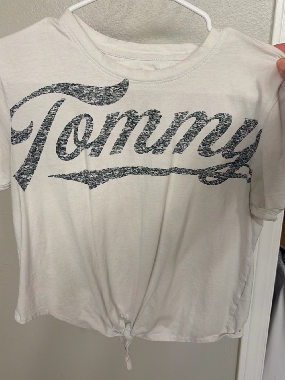 Tommy Hilfiger White Tee with Navy Script Logo and Front Tie